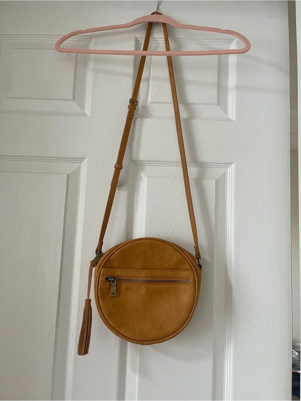Antik Kraft Round Crossbody Bag in Tan with Tassel